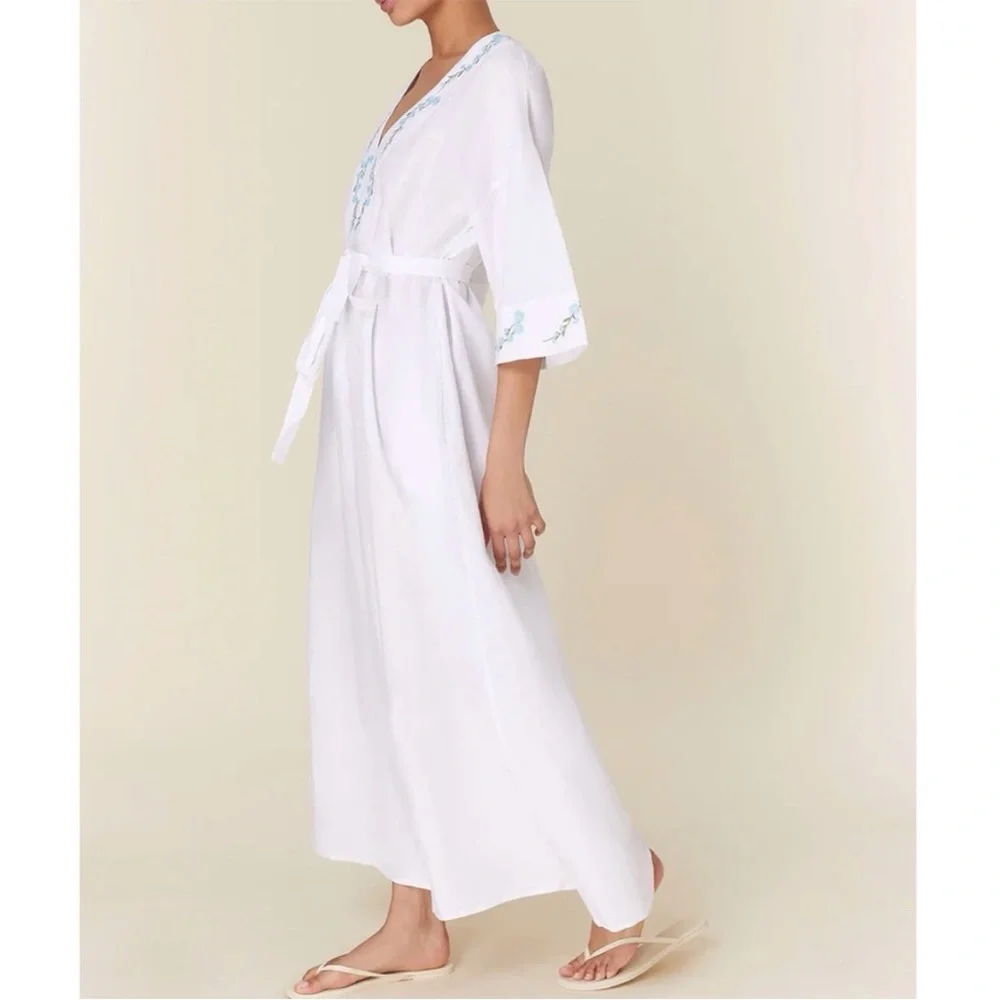 NWT Andie x Fanm Mon KEPEZ DRESS LINEN CAFTAN NEW White Blue EMBROIDERED size XL - Picture 4 of 11